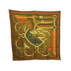 FOULARD HERMES SPRINGS & COACHING MODELE UNIQUE CARRE SOIE MARRON KAKI SCARF