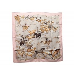 FOULARD HERMES LES MUSTANGS CHEVAUX EN SOIE ROSE CARRE + BOITE SILK SCARF 345€