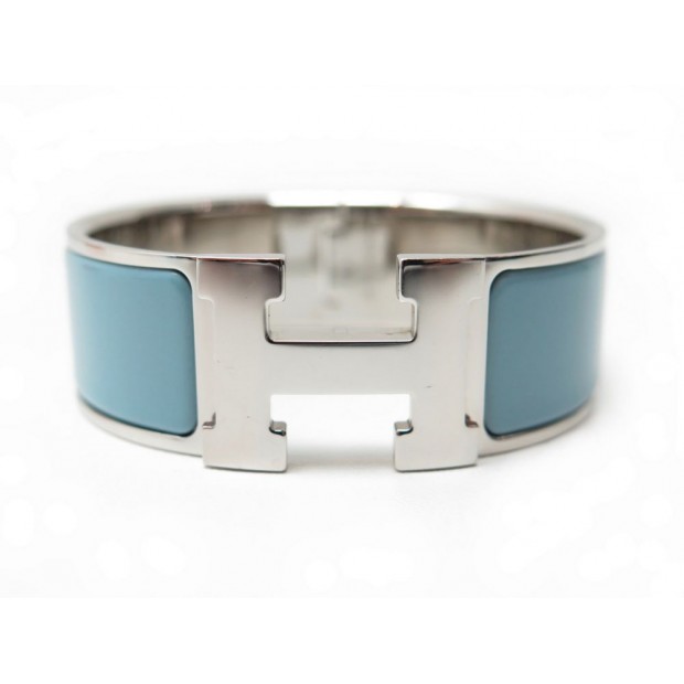 BRACELET HERMES CLIC CLAC H T 17 GM 20MM EN ACIER PALLADIE & EMAIL BLEUE 595€