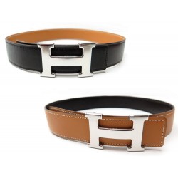 CEINTURE HERMES BOUCLE H ARGENT T 65 75 CUIR REVERSIBLE MARRON & GOLD BELT 620€