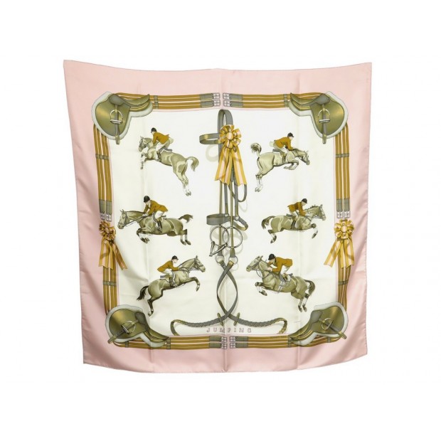 FOULARD HERMES JUMPING PHILIPPE LEDOUX CARRE EN SOIE ROSE + BOITE SCARF 350€