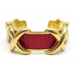 VINTAGE BRACELET HERMES JONC T 15 CM EN CUIR DE LEZARD ROUGE RED LIZARD LEATHER