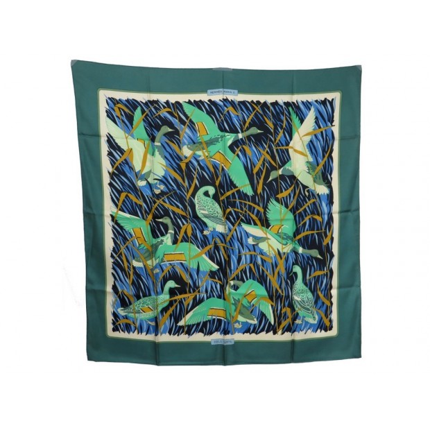 VINTAGE FOULARD HERMES CANARDS COLS VERTS VAUZELLES CARRE SOIE BOITE SCARF 350€