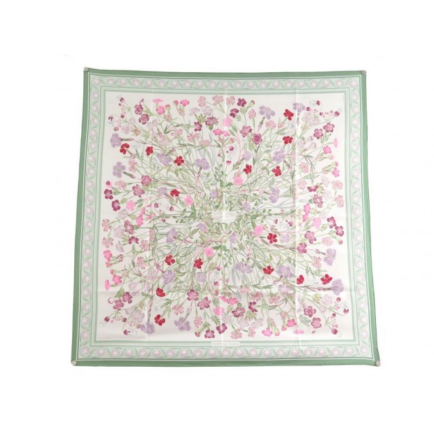 NEUF FOULARD HERMES OEILLETS SAUVAGES EN SOIE VERTE CARRE 90CM SILK SCARF 350€