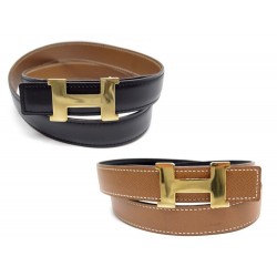 CEINTURE HERMES CONSTANCE BOUCLE DORE & CUIR REVERSIBLE NOIR & MARRON T 75 