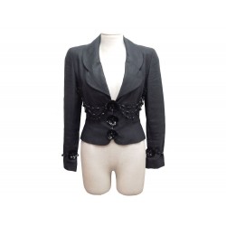 VESTE CINTREE CHANEL FLEURS CAMELIA EN PERLES 36 S 38 M EN LIN NOIR JACKET 4970€