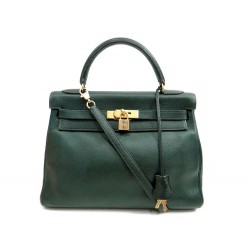 SAC A MAIN HERMES KELLY 32 EN CUIR TOGO VERT BANDOULIERE + BOITE HANDBAG 7200€