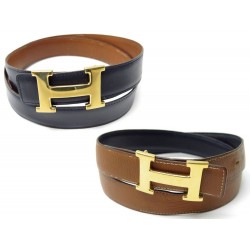 CEINTURE HERMES BOUCLE H DORE T 90 EN CUIR REVERSIBLE BLEU TOGO MARRON BELT 620€