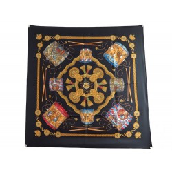 NEUF FOULARD HERMES LES TAMBOURS EN SOIE NOIRE CARRE 90 CM BLACK SILK SCARF 350€