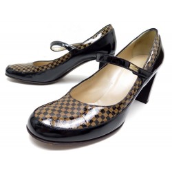 NEUF CHAUSSURES LOUIS VUITTON DAMIER EBENE 38 ESCARPIN CUIR VERNI NOIR PUMP 680€