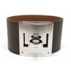 NEUF BRACELET HERMES KELLY DOG CUIR SWIFT MARRON MOKA PALLADIE T 16-18 CM 520€