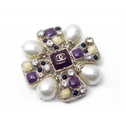 NEUF BROCHE CHANEL CROIX EN METAL DORE AVEC PERLES & PIERRES GRIPOIX BROOCH 820€